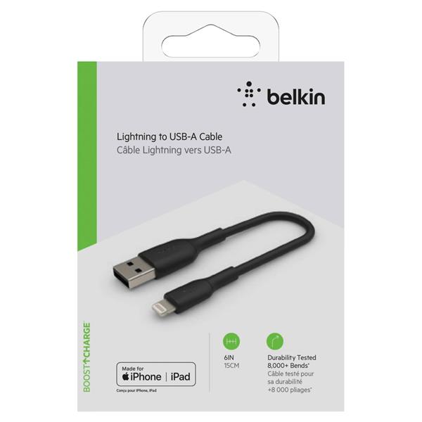 BELKIN LIGHTNING TO USB-A CABLE 15CM, PVC, BLACK, MFI CERT.