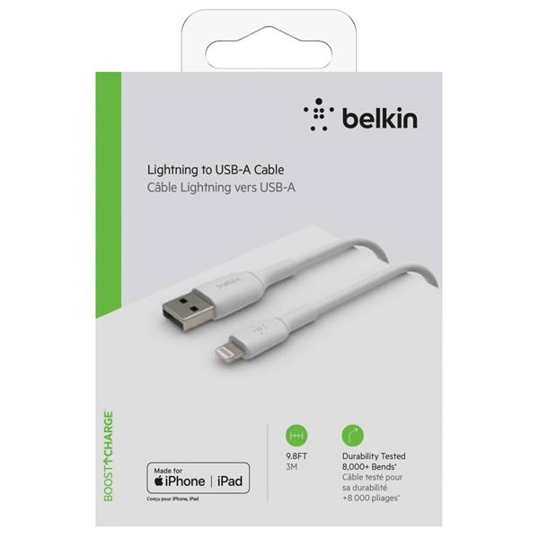 BELKIN LIGHTNING LADE/SYNC CABLE 3M, PVC, WHITE, MFI CERTIFIED