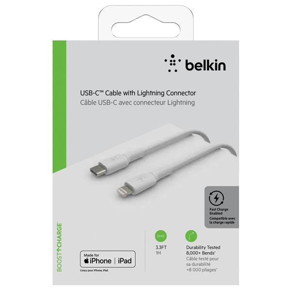 BELKIN LIGHTNING/USB-C CABLE 1M PVC, MFI CERTIFIED, WHITE