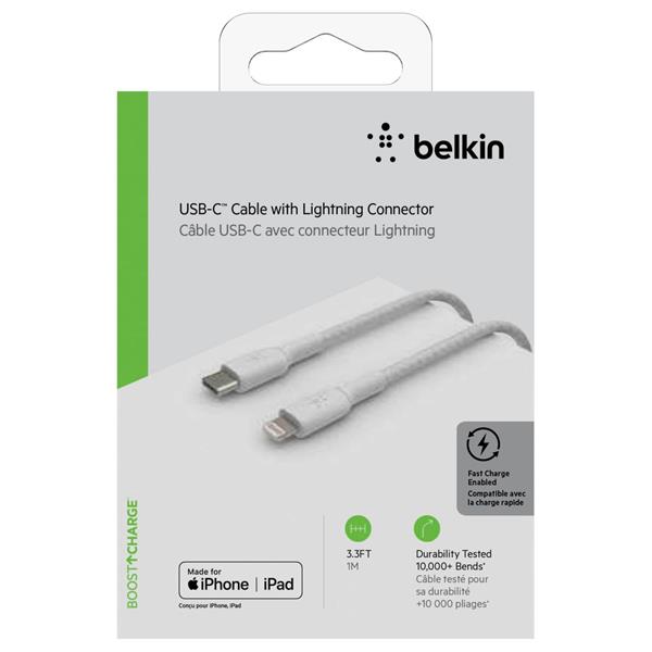 BELKIN LIGHTNING/USB-C CABLE 1M BRAIDED, MFI CERT., WHITE