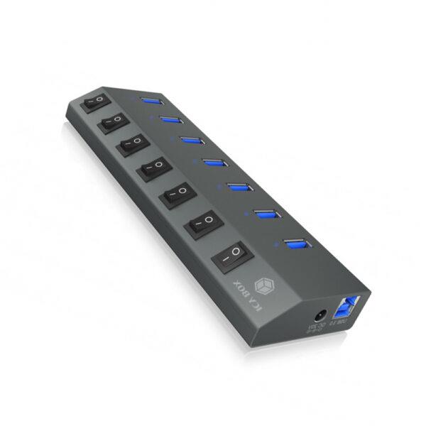 ICY BOX 7-PORT USB3.2 ALUMINIUM HUB WITH INDIVIDUAL ON/OFF SWITCHES, POWER SUPPLY AND CABLE 1M