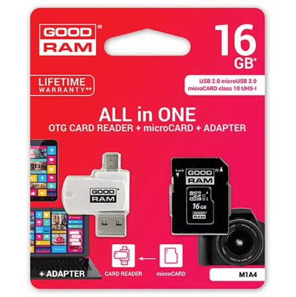 GOODRAM 4-IN-1 MICROSD 16GB+CARD READER+OTG+ADAPTER CL10 M1A4