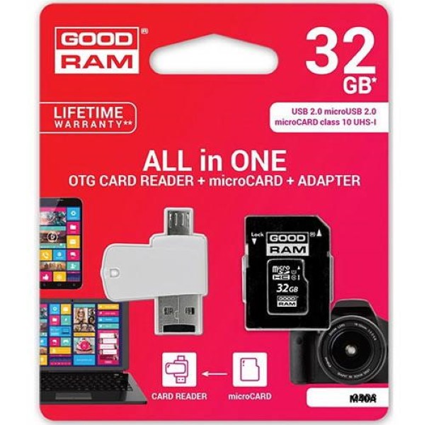 GOODRAM 4-IN-1 MICROSD 32GB+CARD READER+OTG+ADAPTER CL10 M1A4