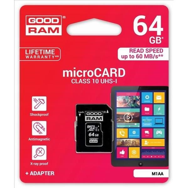 KΑΡΤΑ ΜΝΗΜΗΣ GOODRAM M1AA MICROSDXC UHS-I U1 64GB CLASS 10  W:10MB R:60MB  & SD ADAPTER