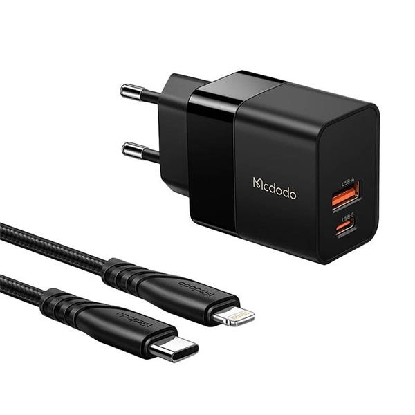 Mcdodo Φορτιστής με Θύρα USB-A και Θύρα USB-C και Καλώδιο Lightning 20W Μαύρος