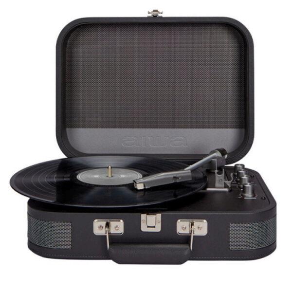 AIWA VINTAGE TURNTABLE IN LEATHER BRIEFCASE WITH 2 WAY BLUETOOTH , USB-MP3 PLAYER & RECORDER DARK SILVER